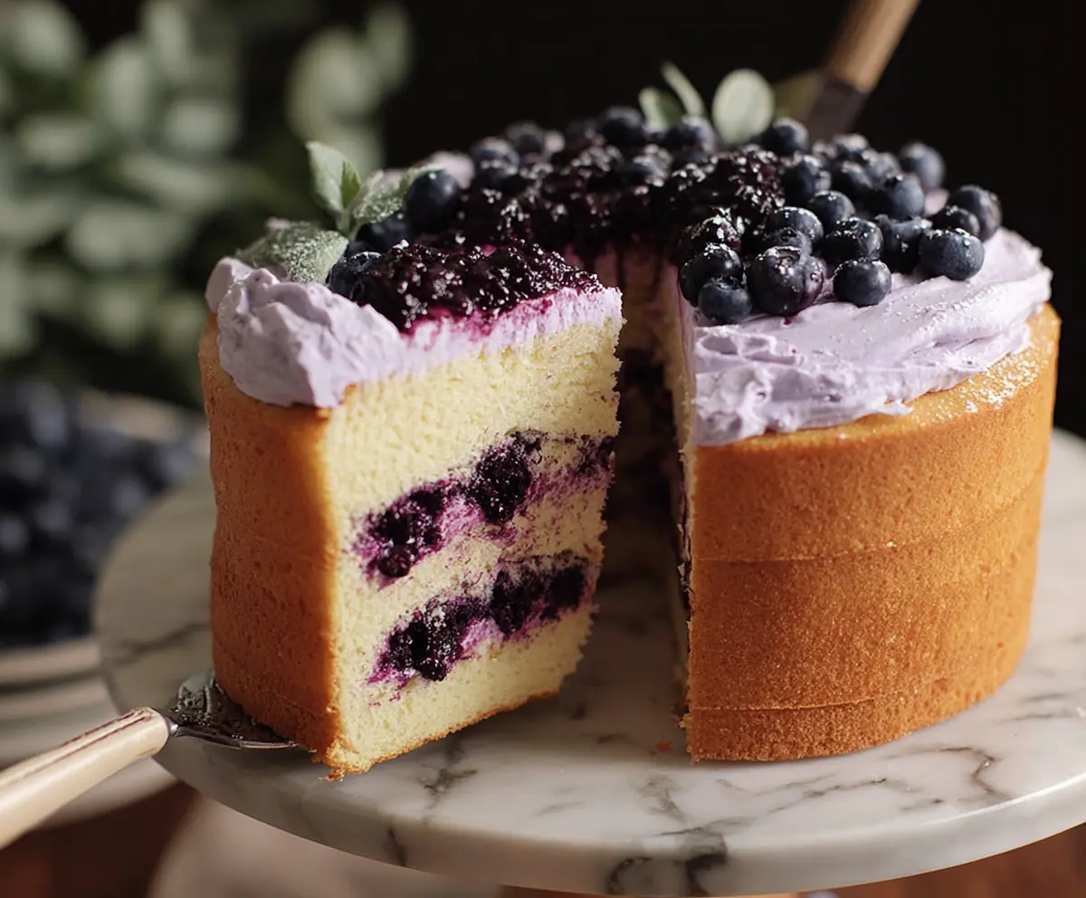 Delicious Blueberry Chiffon Cake garnished with fresh blueberries and powdered sugar.
