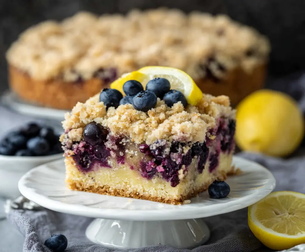 Delicious Blueberry Lemon Crumble Cake with fresh blueberries and zesty lemon topping