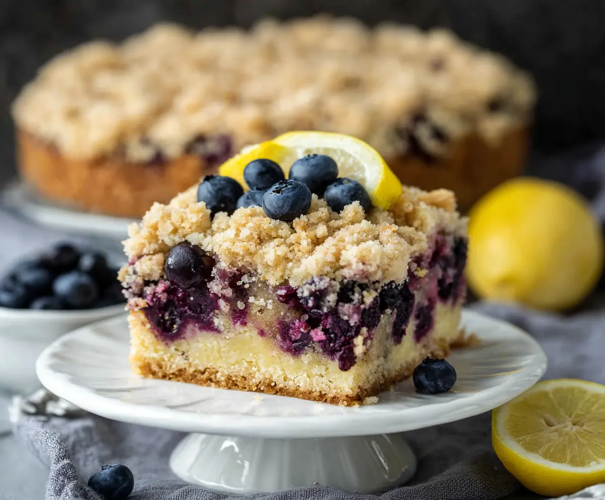 Delicious Blueberry Lemon Crumble Cake with fresh blueberries and zesty lemon topping