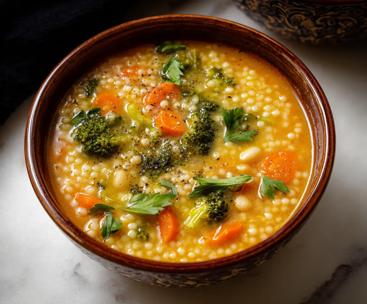 Hearty broccoli and carrot couscous soup in a bowl, showcasing fresh vegetables and steaming hot goodness.