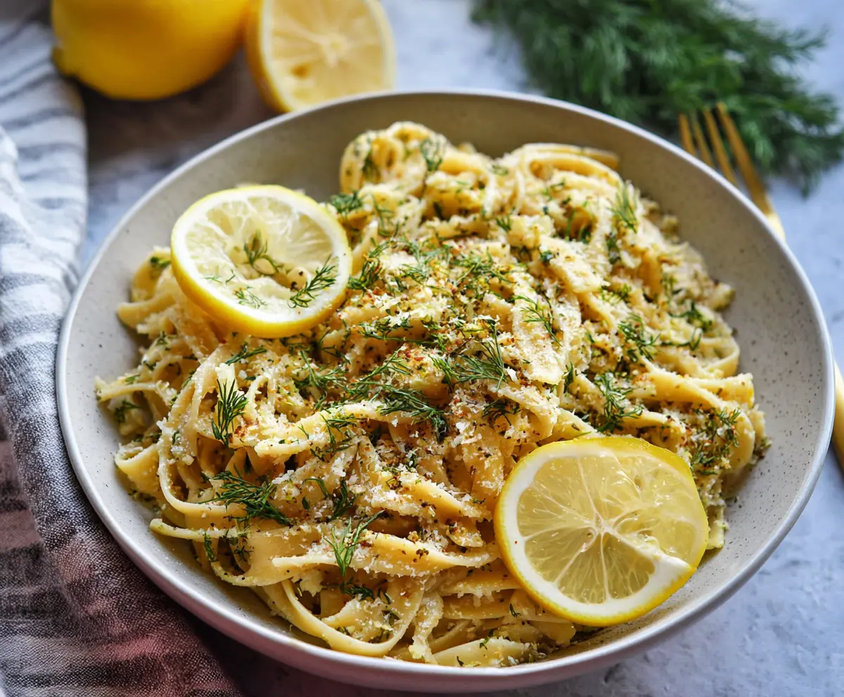 Creamy browned butter lemon dill pasta garnished with fresh herbs on a white plate.