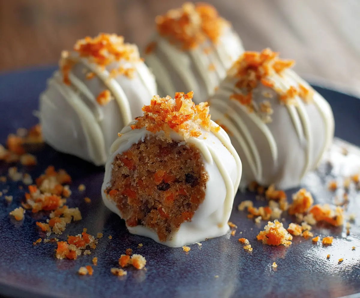Delicious carrot cake truffles with creamy frosting and grated carrots on a white plate.