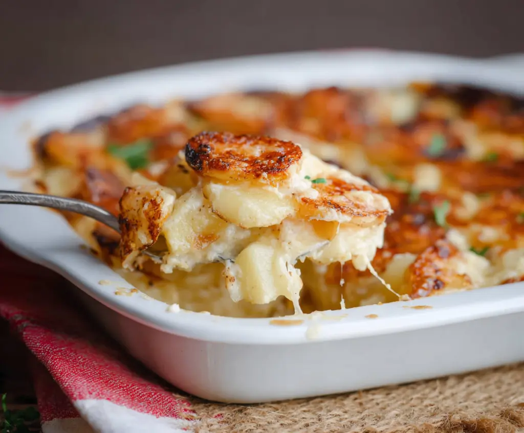 Delicious Cheesy Delmonico Potatoes Casserole topped with melted cheese and herbs.