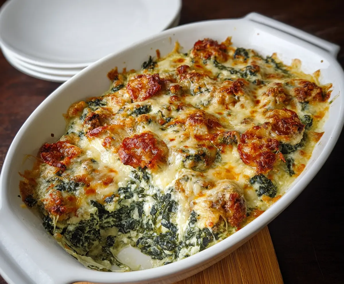 Delicious Cheesy Italian Spinach Bake served on a plate, showcasing melted cheese and fresh spinach.