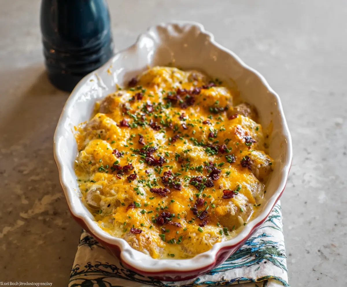 Delicious cheesy ranch potatoes topped with melted cheese and fresh herbs, perfect for a flavorful side dish.