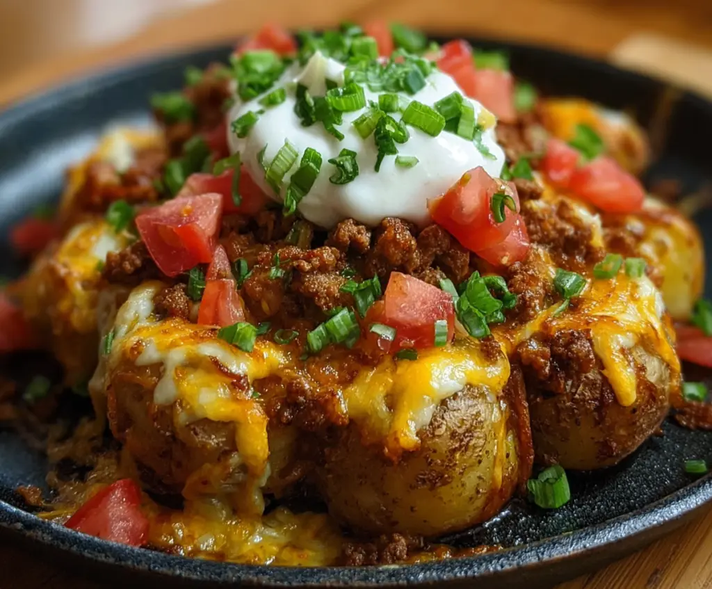 Delicious cheesy taco potatoes topped with melted cheese and fresh toppings served on a dinner plate.