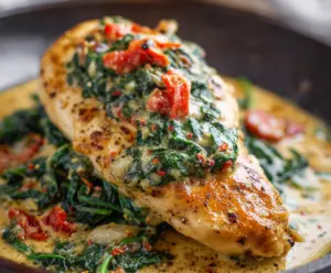 Delicious chicken breast topped with creamy spinach and Parmesan sauce on a dinner plate.