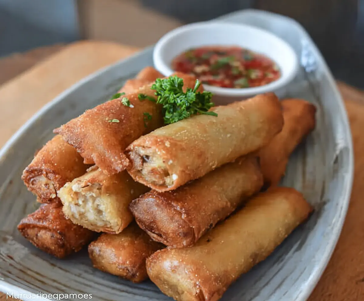 Crispy Chicken Lumpia served with dipping sauce on a white plate.