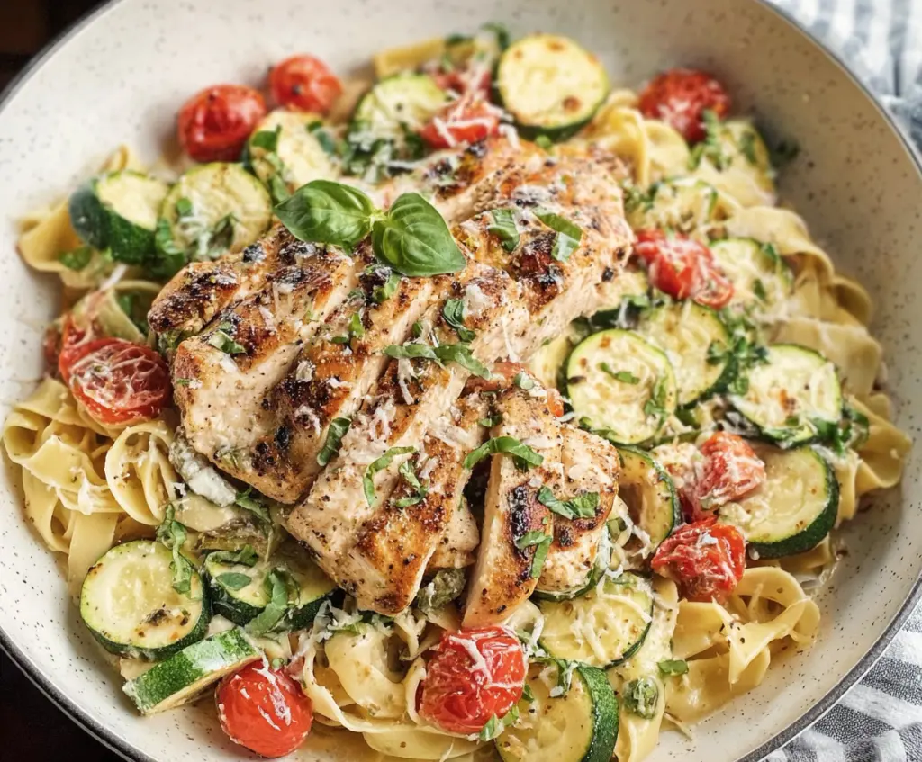 Delicious Chicken Primavera with fresh vegetables and herbs on a plate