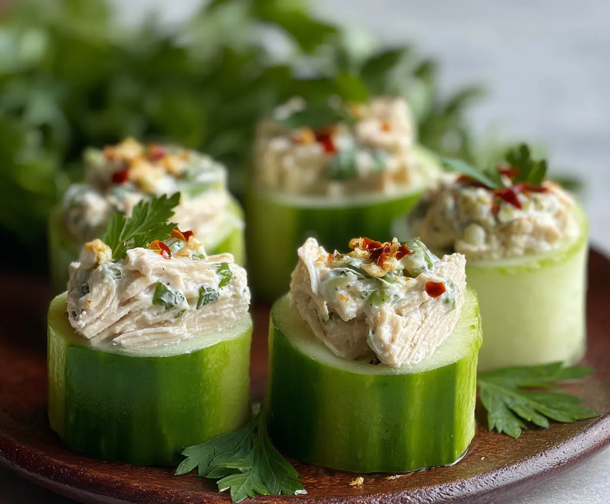 Delicious chicken salad cucumber roll-ups served as a healthy appetizer.