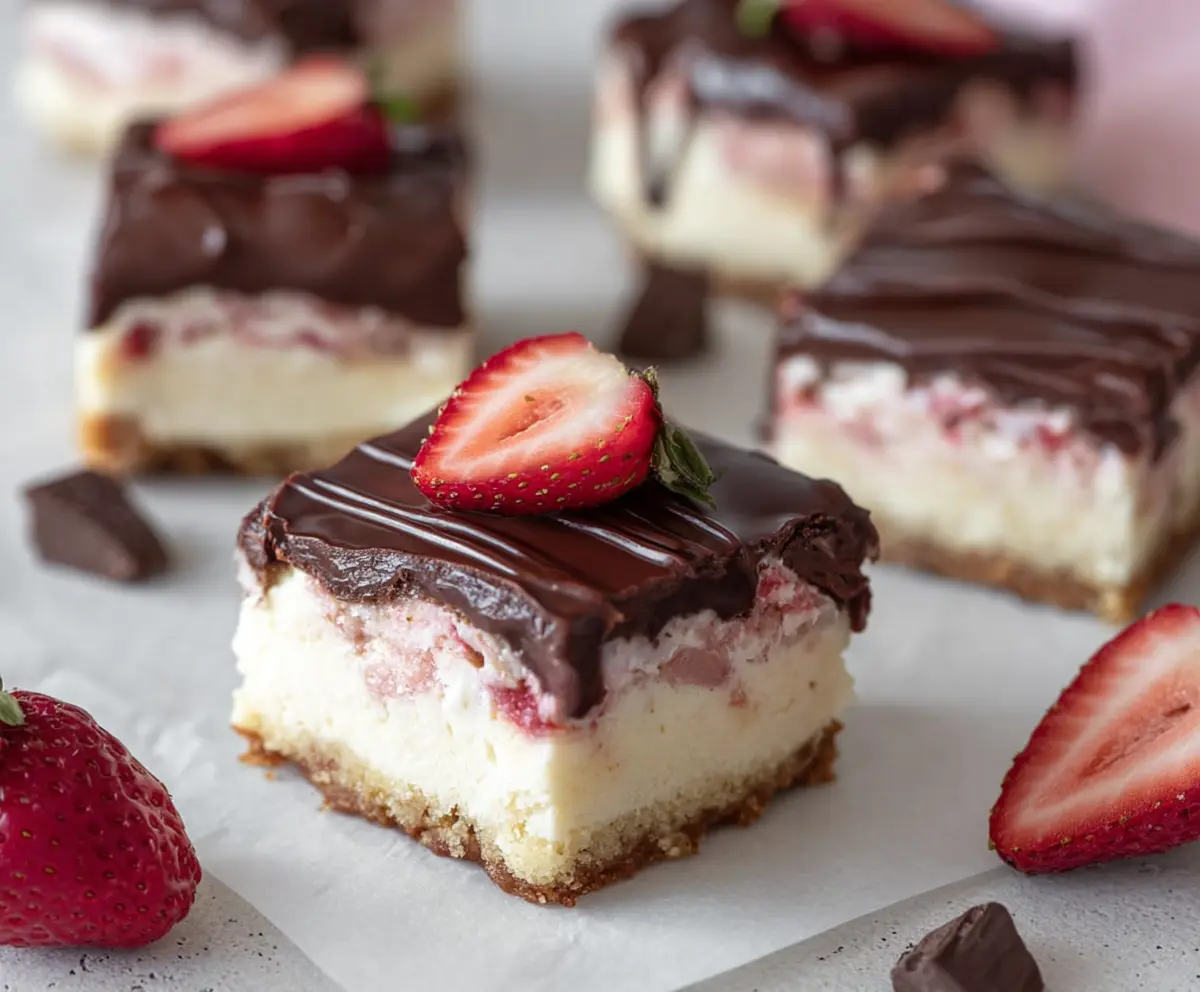 Delicious chocolate-covered strawberry donut cheesecake bars with vibrant red strawberries and rich chocolate glaze.