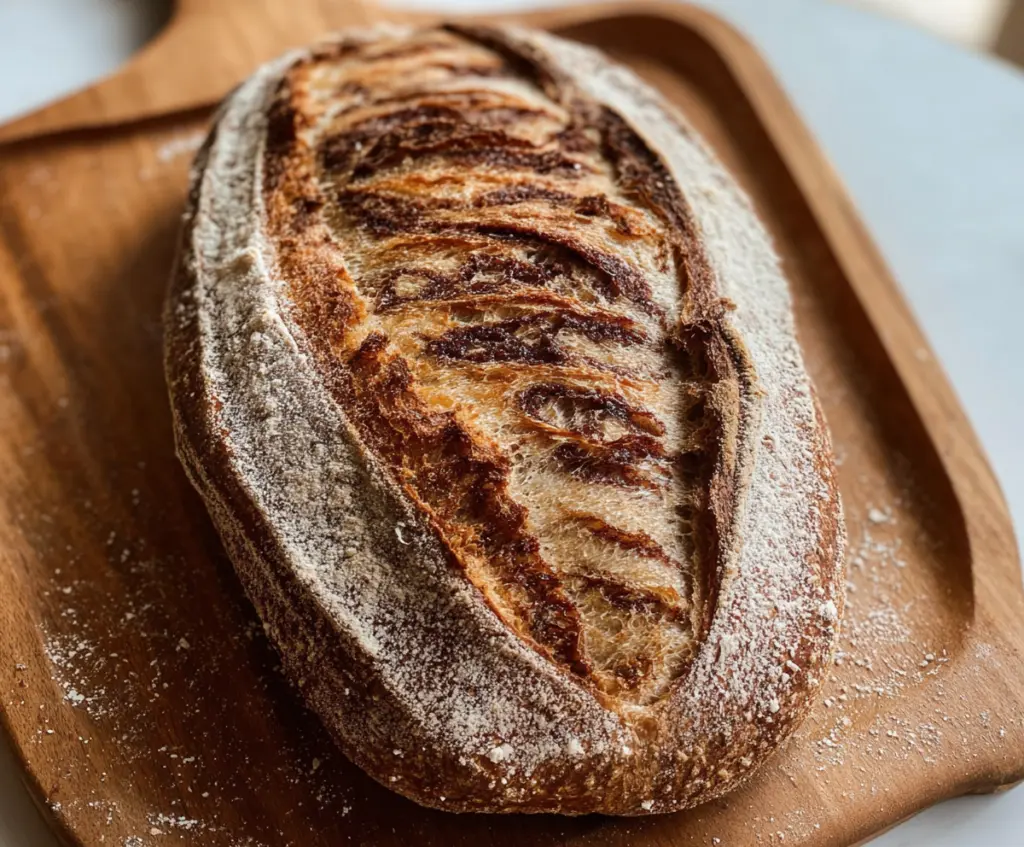 Homemade cinnamon swirl sourdough discard bread on a rustic cutting board.