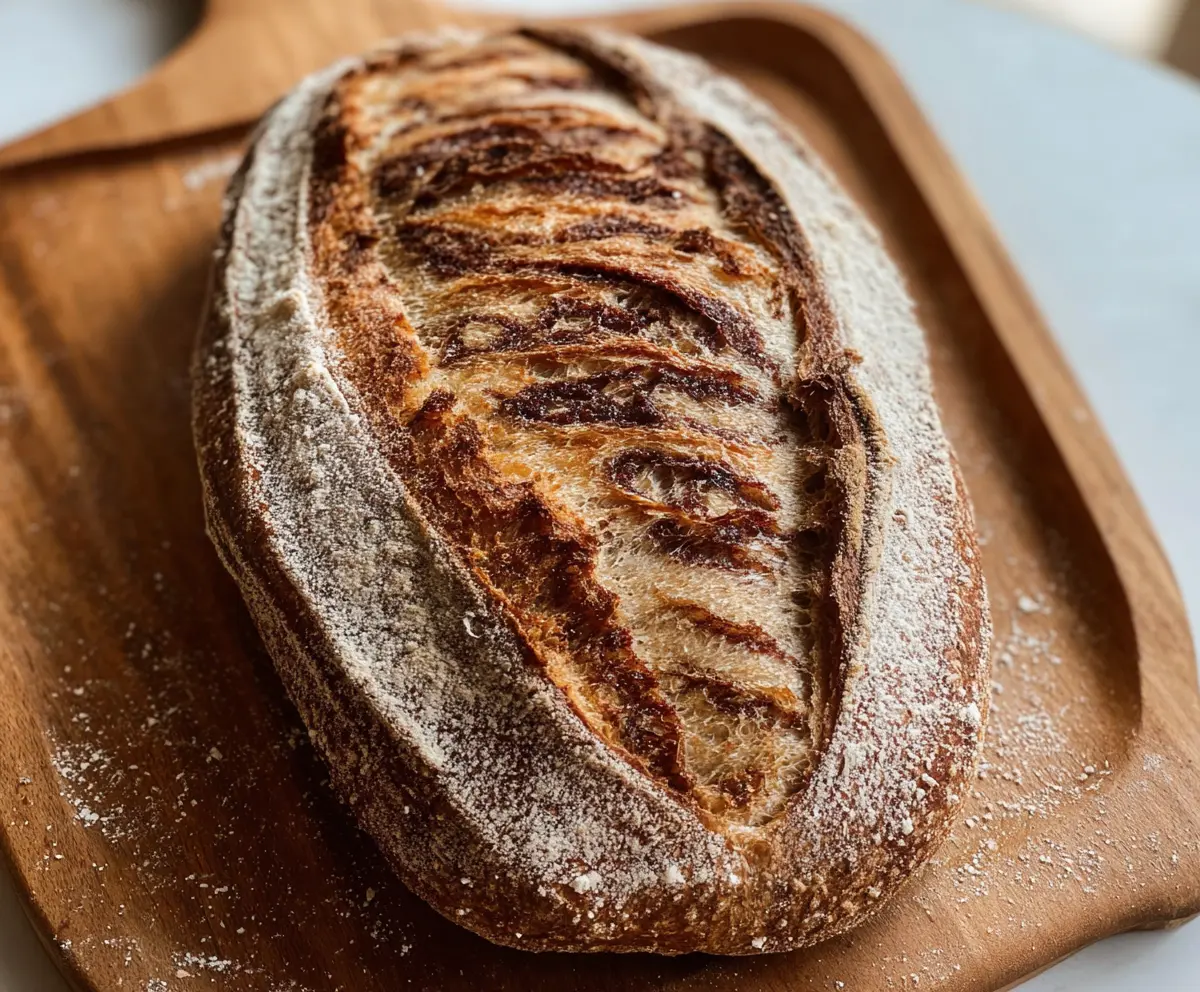 Homemade cinnamon swirl sourdough discard bread on a rustic cutting board.