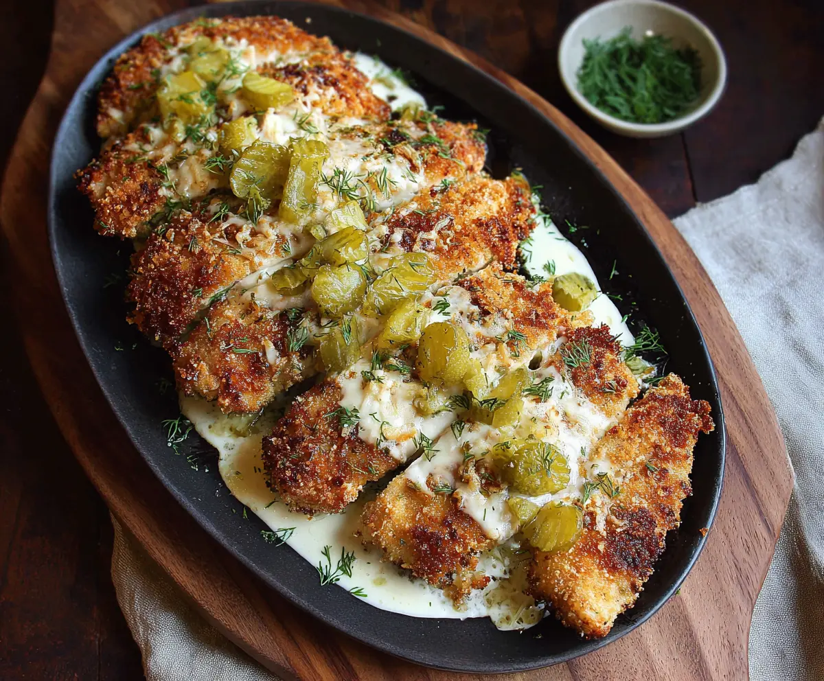 Crispy dill pickle Parmesan chicken served on a platter with fresh herbs