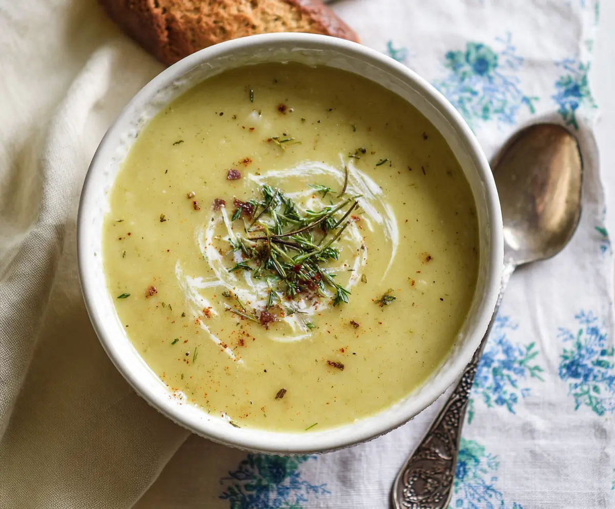 Creamy Crockpot Potato Leek Soup in a bowl with fresh herbs