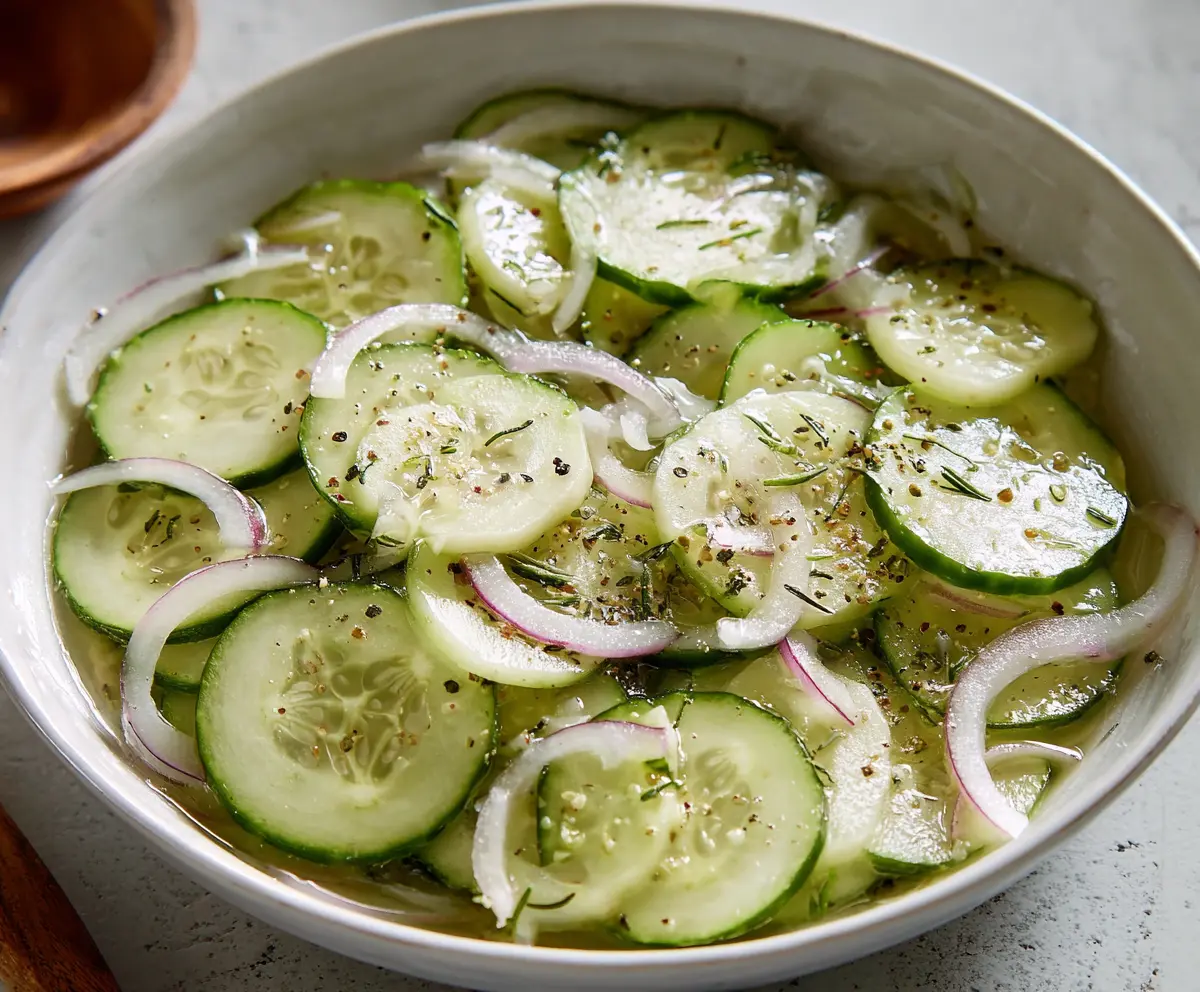 Fresh cucumber vinegar salad with vibrant greens and tangy dressing, perfect for a healthy appetizer.