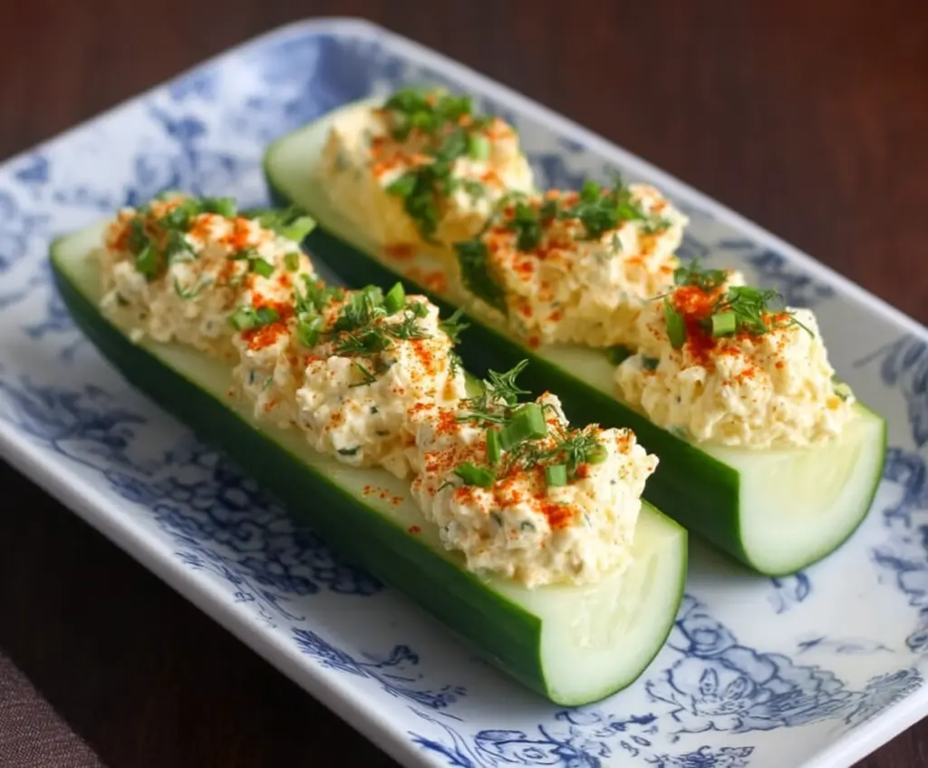 Refreshing egg salad stuffed in crisp cucumbers, perfect for a healthy snack or appetizer.