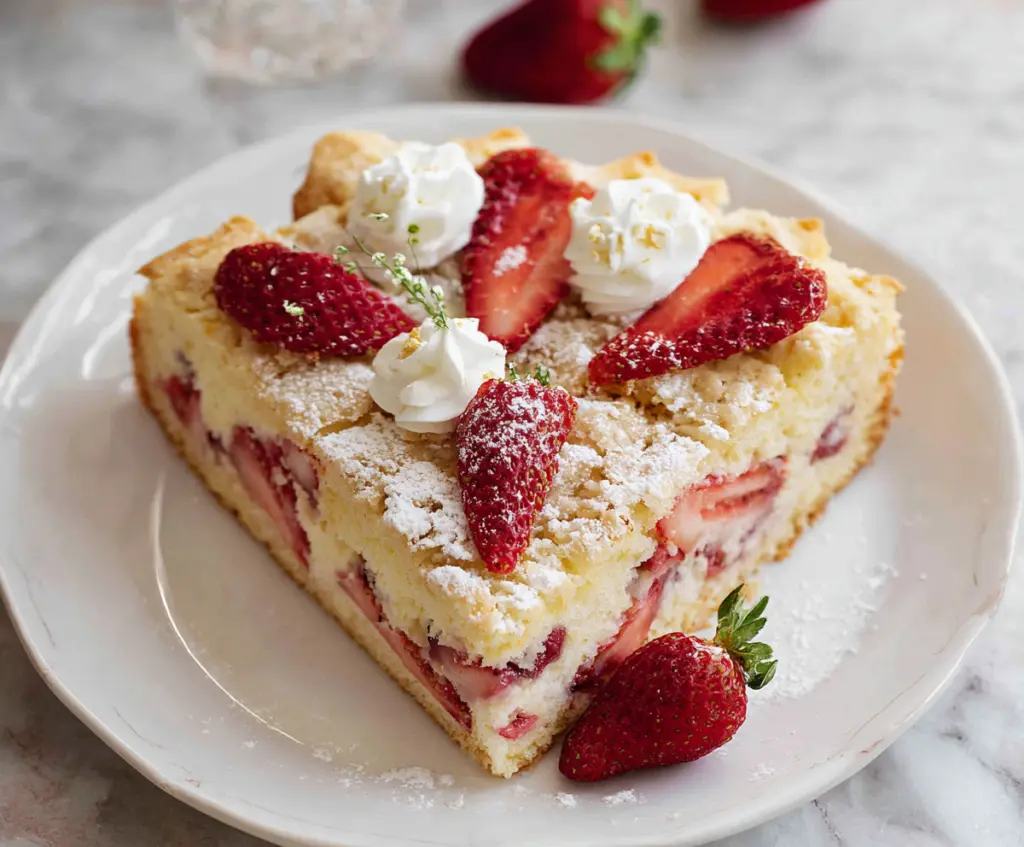 Delicious French Strawberry Cake with fresh strawberries and whipped cream on top.