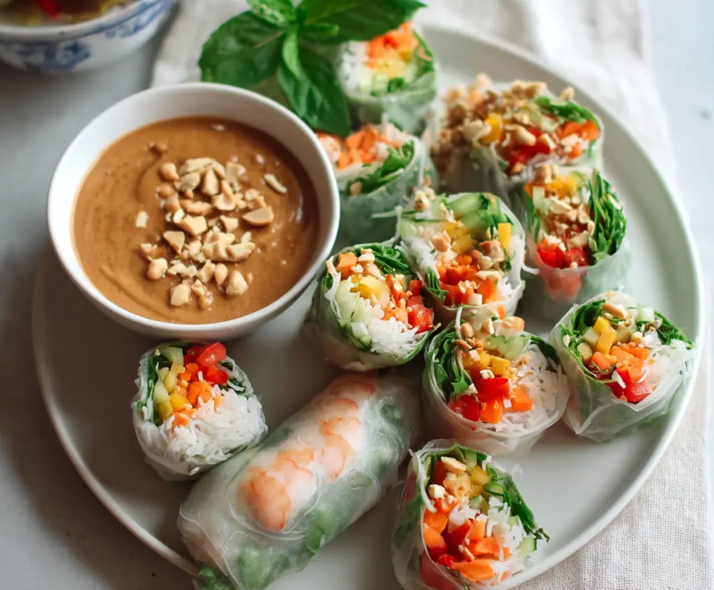 Colorful fresh spring rolls filled with vegetables and herbs served with creamy peanut sauce.