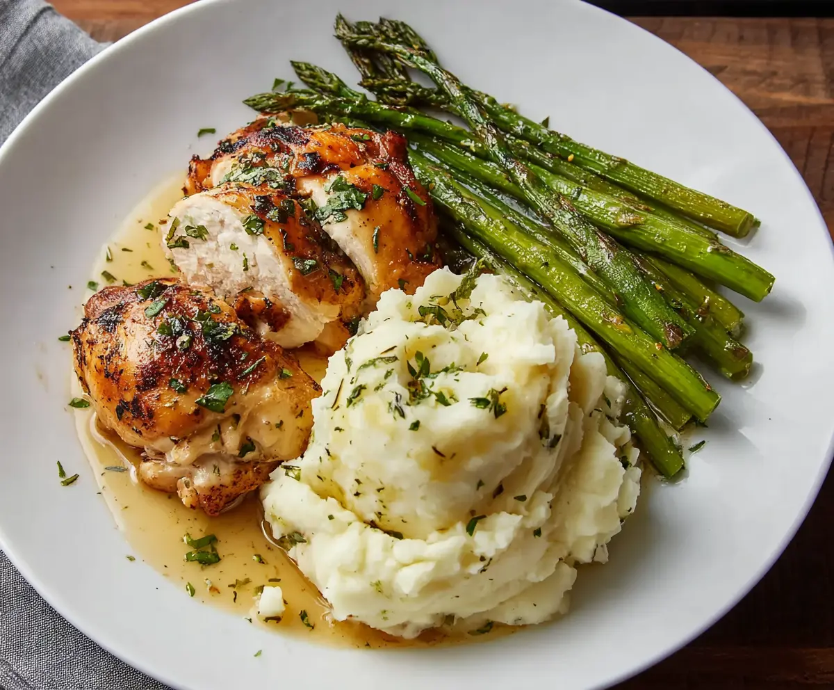 Delicious garlic herb chicken served with creamy mashed potatoes and roasted asparagus on a dinner plate.