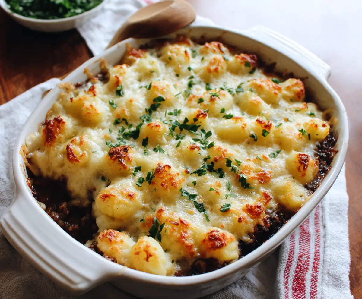 Delicious Gnocchi Shepherd's Pie topped with melted cheese and fresh herbs.