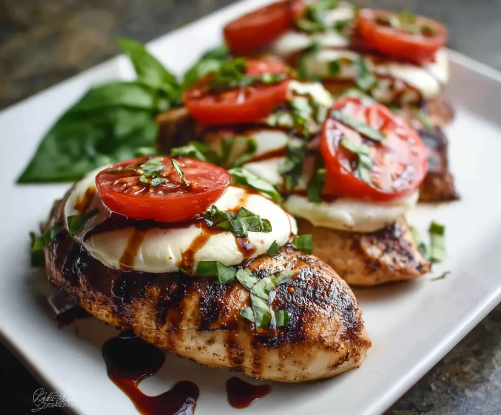 Delicious grilled chicken Caprese with fresh tomatoes, basil, and melted mozzarella cheese on a wooden plate.