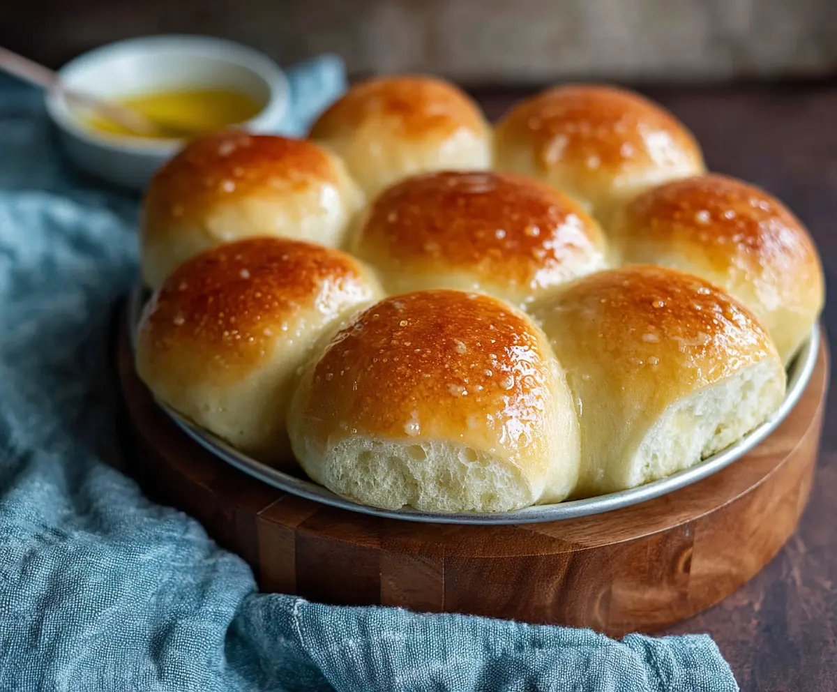 Delicious honey butter sourdough discard rolls fresh out of the oven, golden and fluffy.