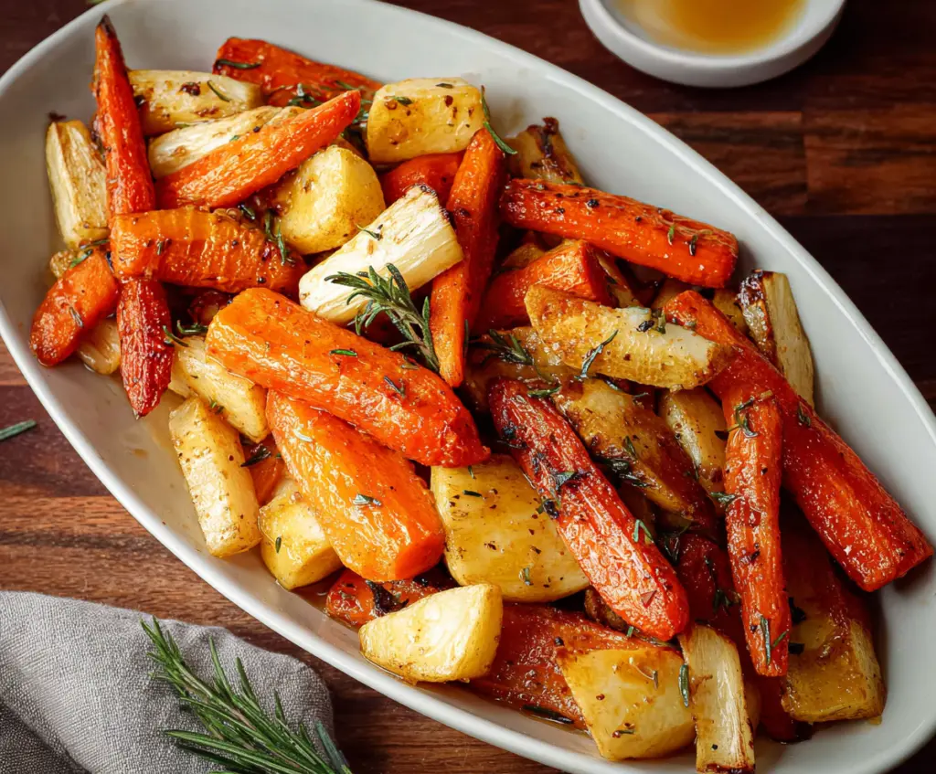 Delicious honey garlic roasted carrots and parsnips on a plate, perfect for healthy dinner recipes