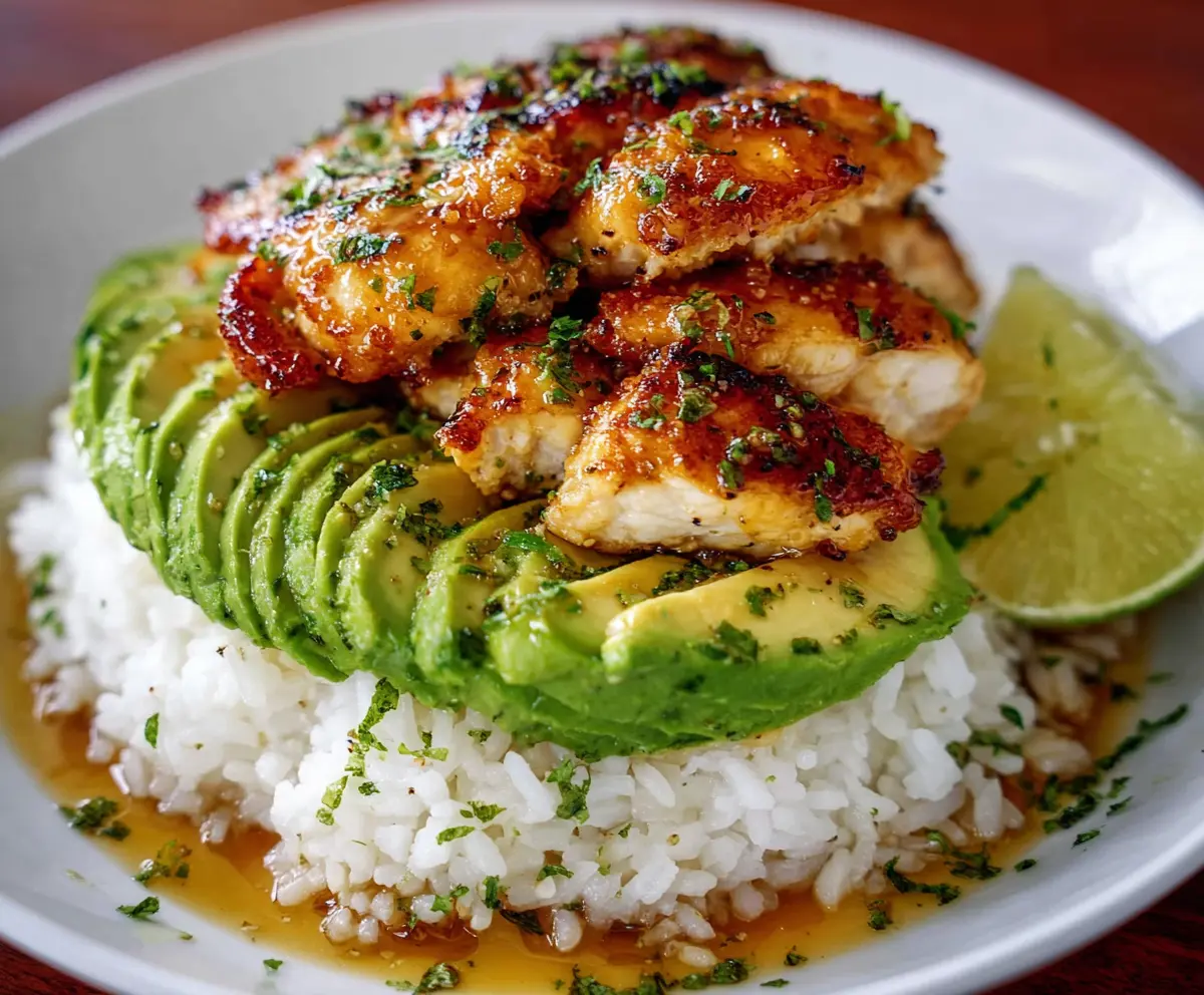 Delicious Honey Lime Chicken topped with fresh avocado slices on a colorful plate.