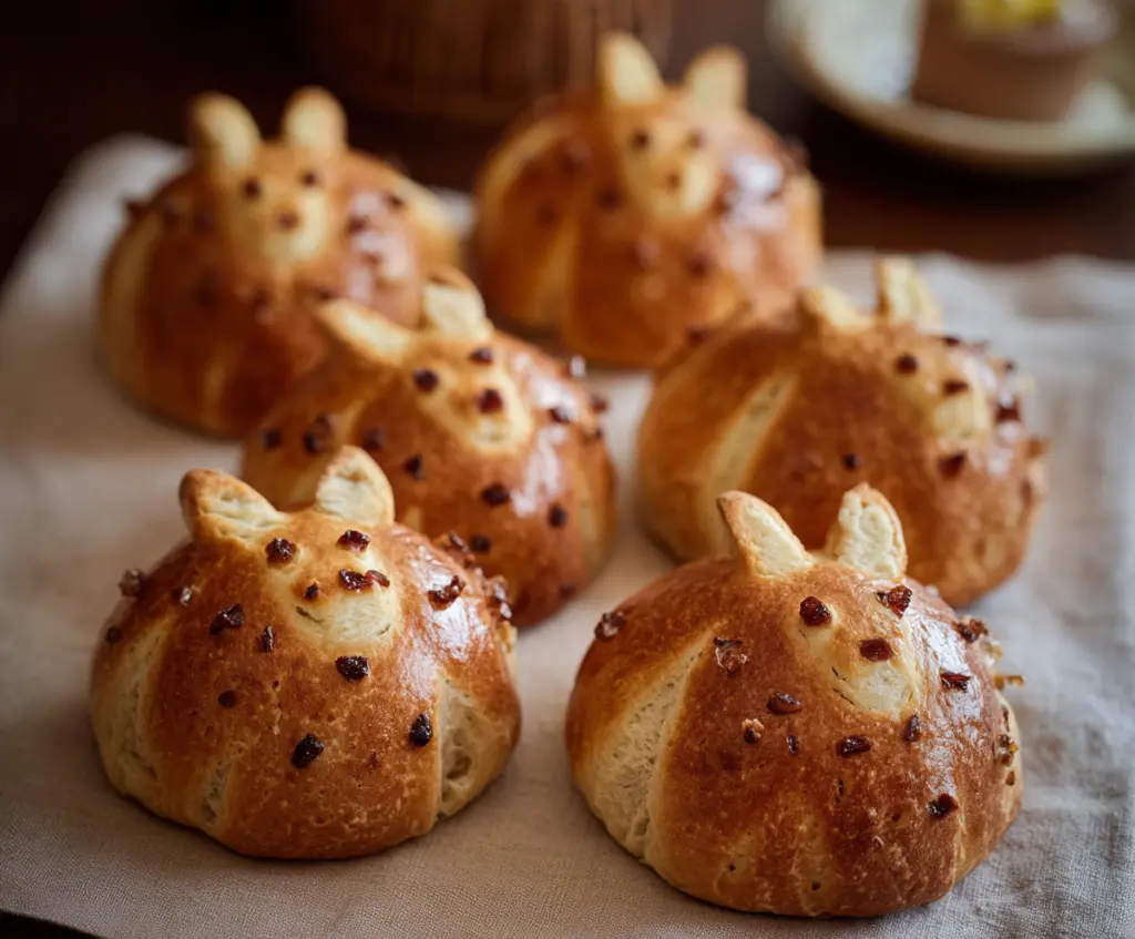 Delicious Hot Cross Bunny Rolls decorated for Easter with colorful icing and sprinkles.