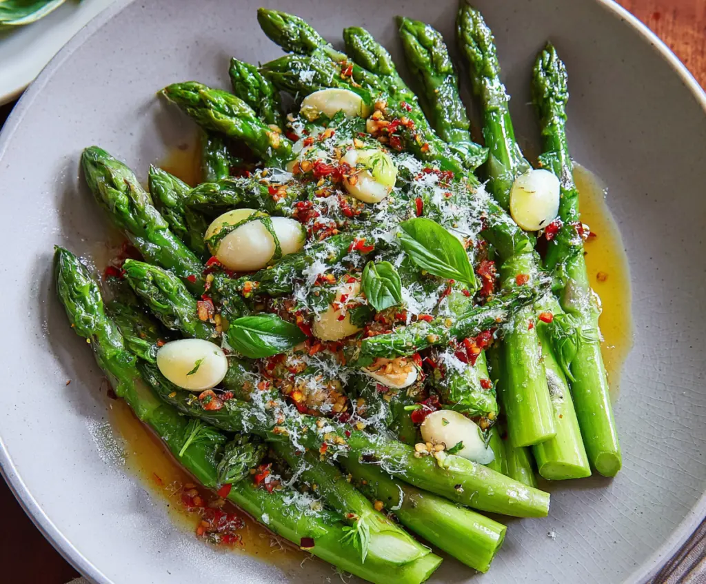 Fresh Italian asparagus salad with cherry tomatoes and basil, served in a bowl for a healthy appetizer.