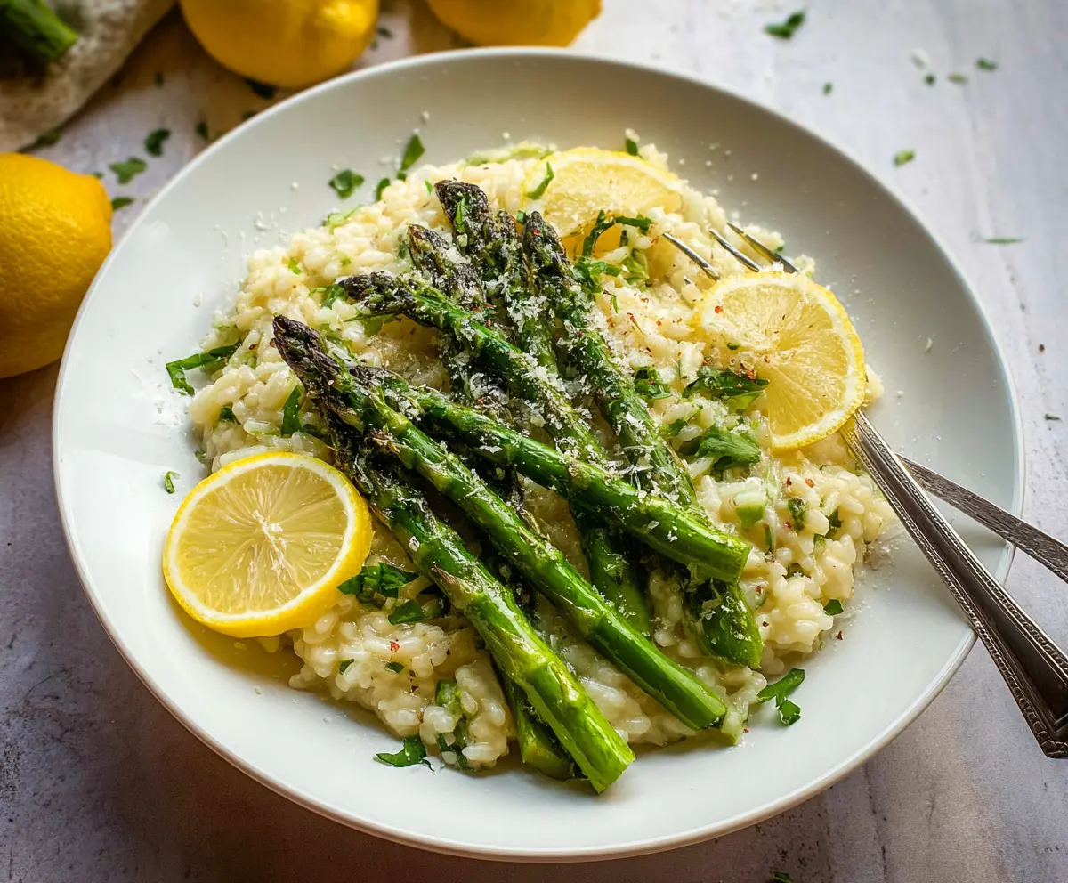 Creamy Lemon Asparagus Risotto served in a white bowl, garnished with fresh herbs for a vibrant, flavorful meal.