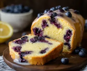 Delicious Lemon Blueberry Pound Cake with fresh blueberries and a zesty lemon glaze.