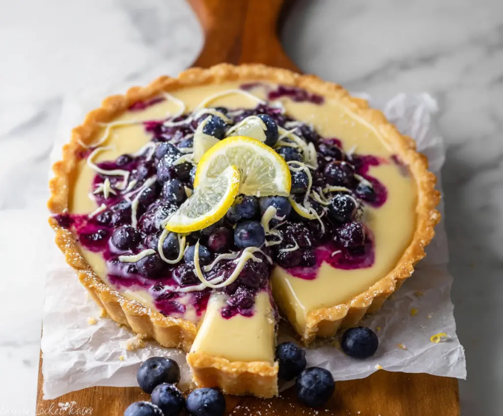 Delicious Lemon Blueberry Tart topped with fresh blueberries and lemon slices, ready to serve.
