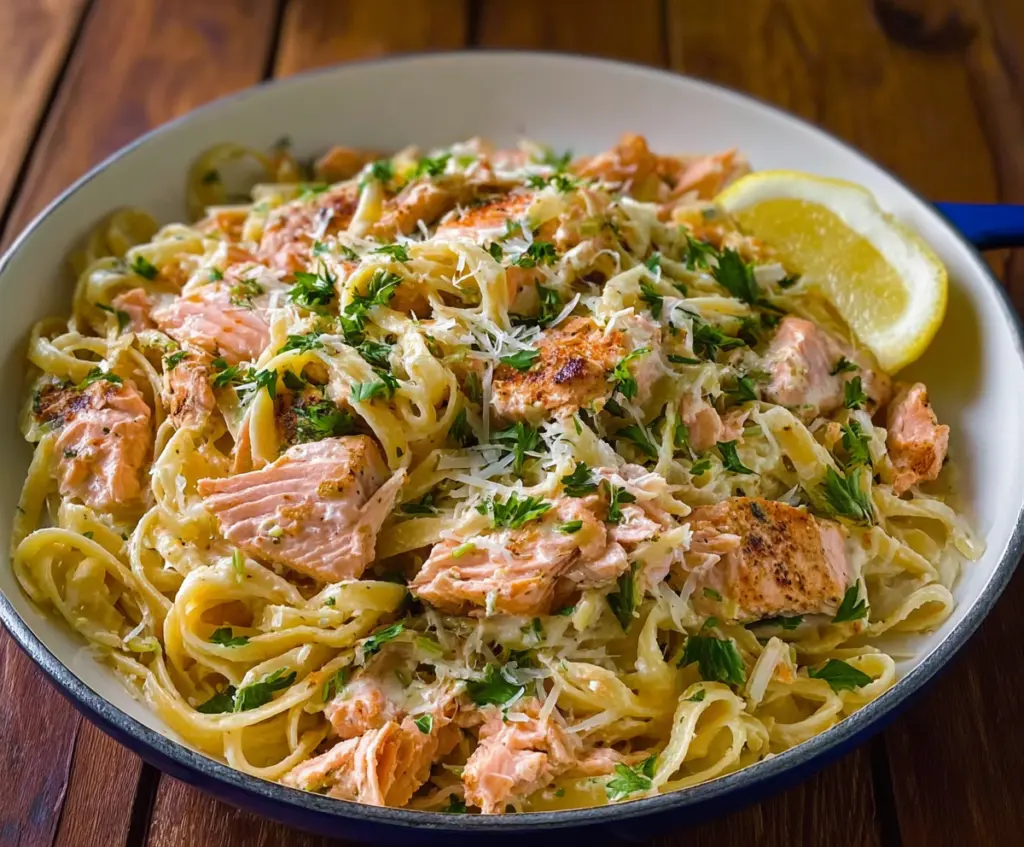 Delicious lemon butter salmon pasta served with fresh herbs on a white plate.