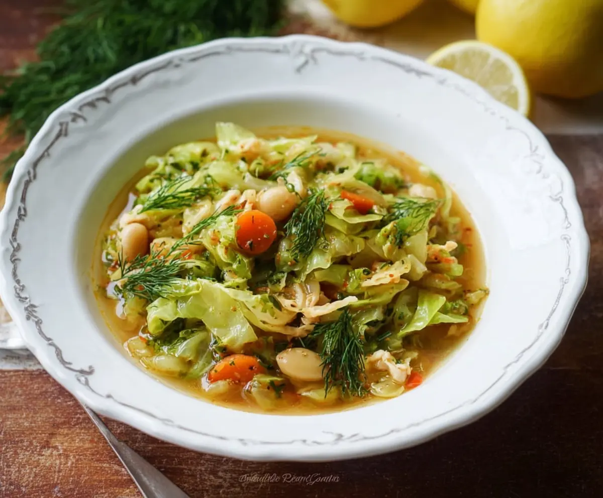 Delicious Lemon Dill Cabbage Soup served in a bowl with fresh herbs and lemon slices.