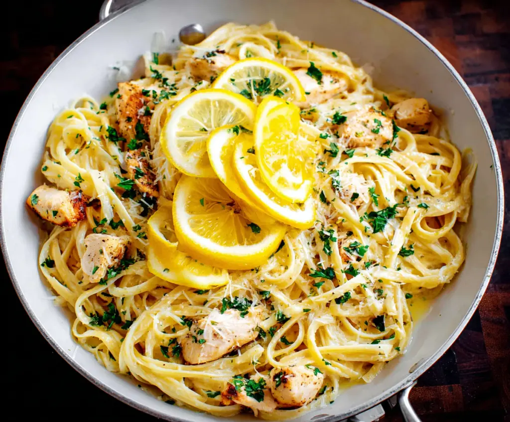 Delicious Lemon Garlic Chicken Pasta served on a white plate, garnished with fresh herbs.