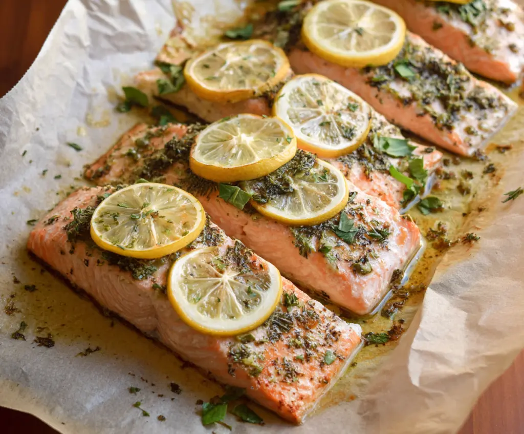Delicious Lemon Herb Salmon fillet garnished with fresh herbs on a white plate