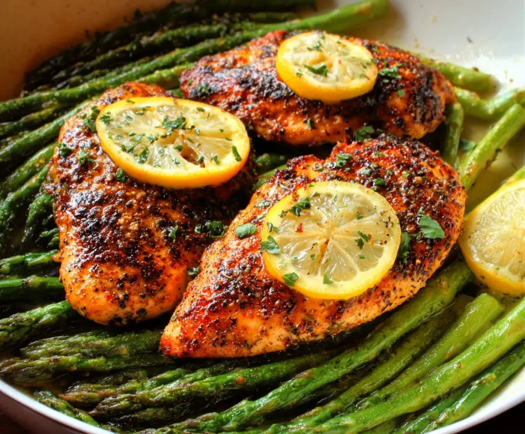 Juicy Lemon Pepper Chicken served with tender asparagus spears on a plate.