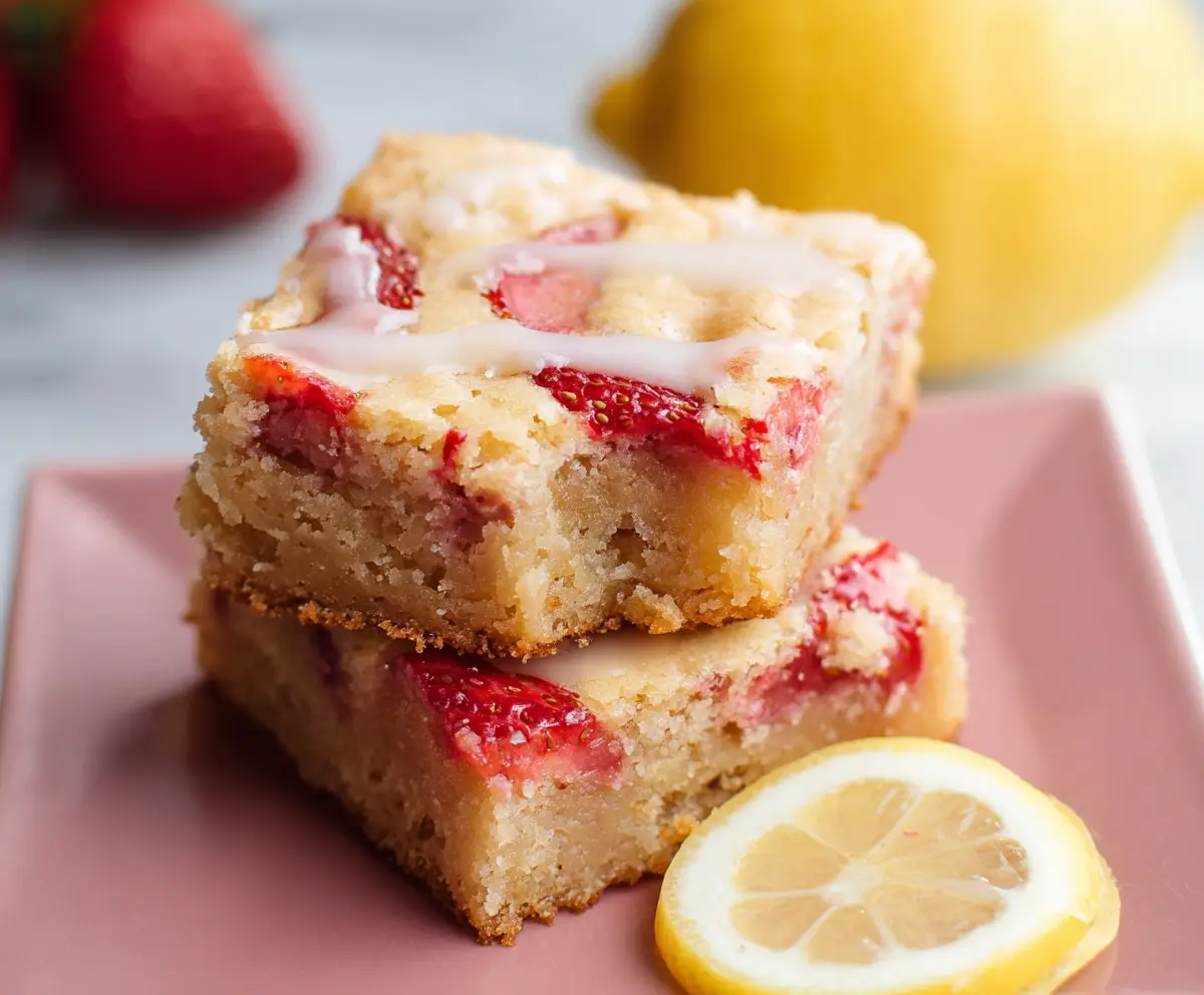 Delicious Lemon Strawberry Blondies topped with fresh strawberries and lemon zest.