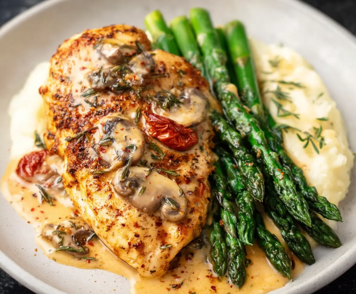 Delicious Marry Me Chicken served alongside fresh asparagus for a romantic dinner.
