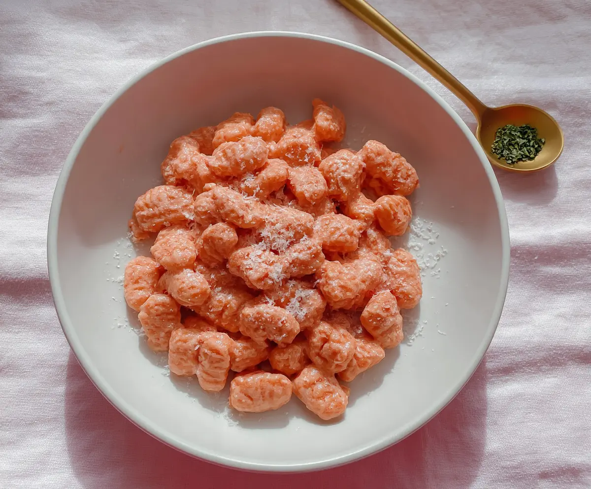 Colorful pink gnocchi served on a white plate garnished with herbs, perfect for a vibrant Italian-inspired dish.
