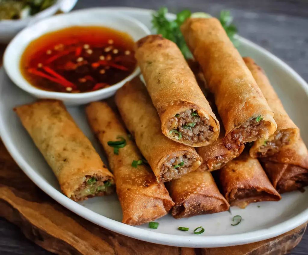 Crispy pork lumpia served with dipping sauce on a white plate