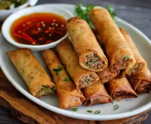 Crispy pork lumpia served with dipping sauce on a white plate