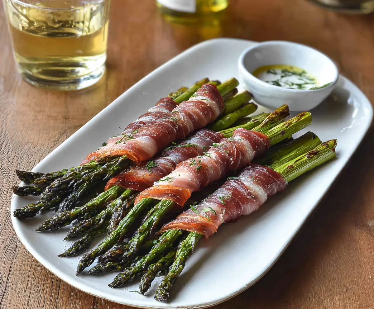 Delicious prosciutto-wrapped asparagus appetizer, perfectly cooked and garnished with fresh herbs.