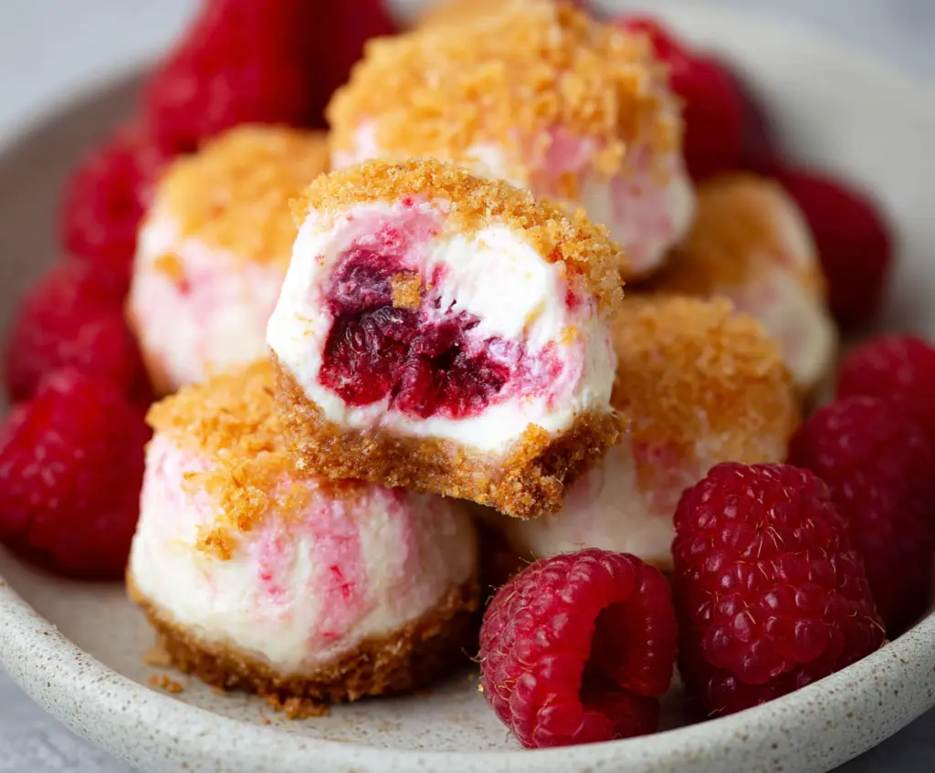 Delicious Raspberry Cheesecake Bites with a creamy filling and fresh raspberries on top.