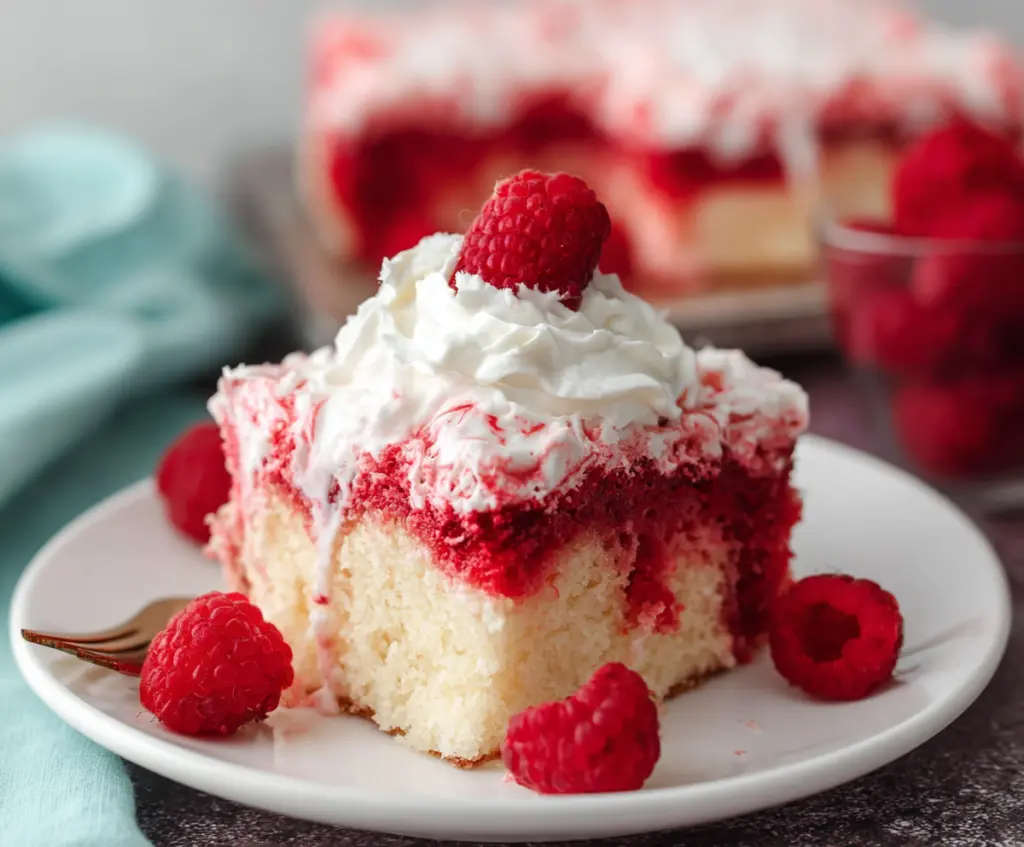 Delicious Raspberry Poke Cake with fresh raspberries and whipped topping.