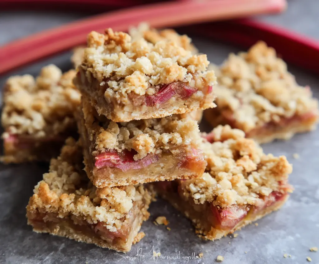 Delicious homemade Rhubarb Crumble Bars with a golden crust and vibrant rhubarb filling.