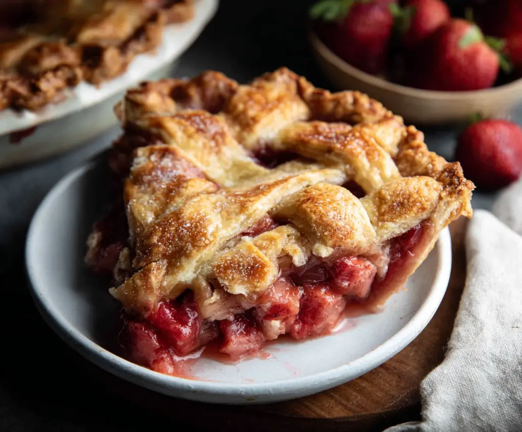 Delicious Rhubarb Strawberry Pie with a golden crust and fresh fruit filling