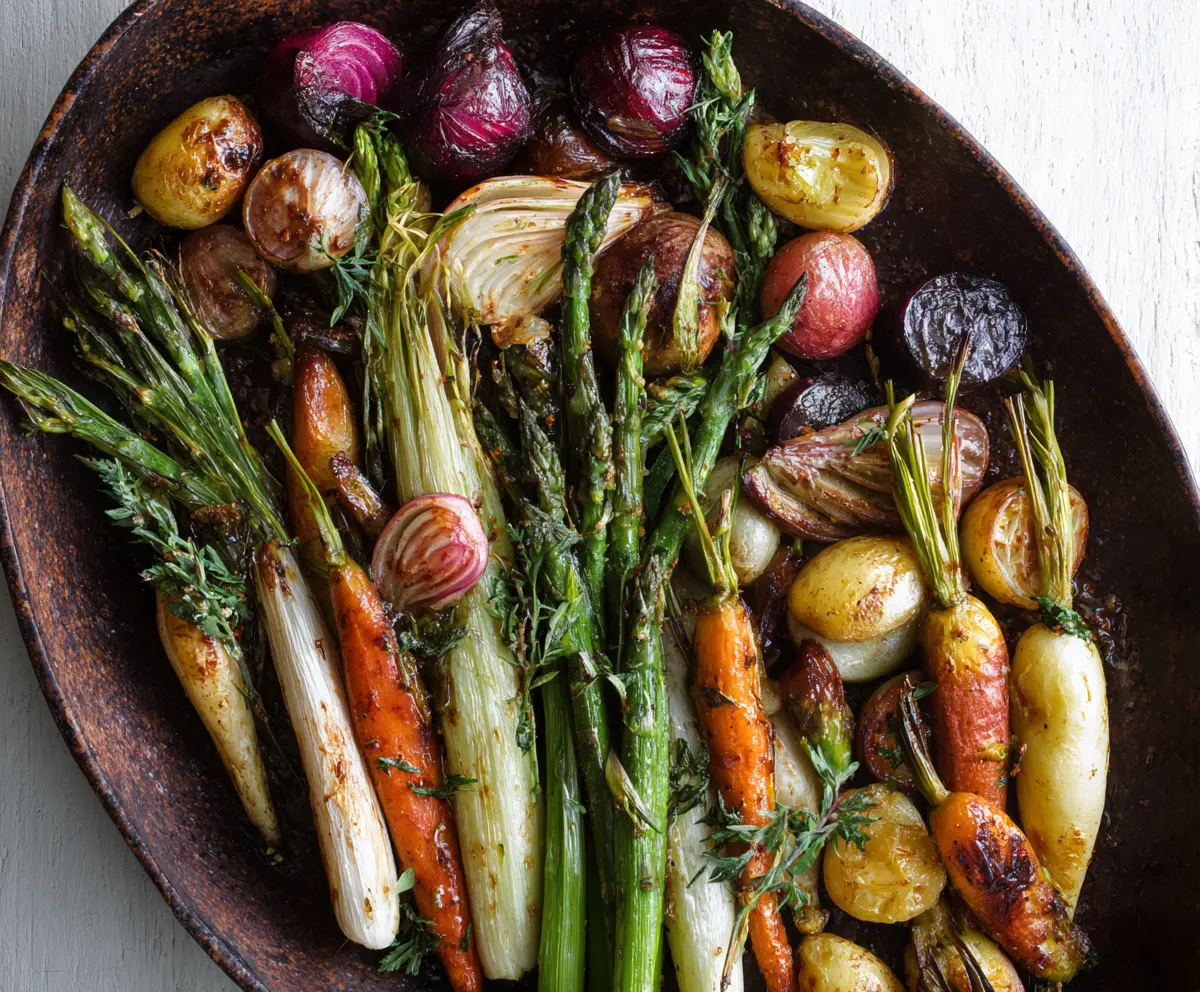 Delicious roasted spring vegetables on a platter, showcasing vibrant asparagus, carrots, and radishes.